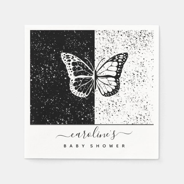 Elegant Black & White Butterfly Baby Shower-skåra Pappersservett (Framsidan)