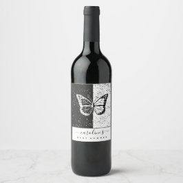 Elegant Black & White Butterfly Baby Shower-skåra Vinflaska Etikett