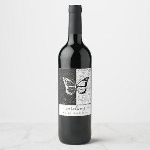 Elegant Black & White Butterfly Baby Shower-skåra Vinflaska Etikett
