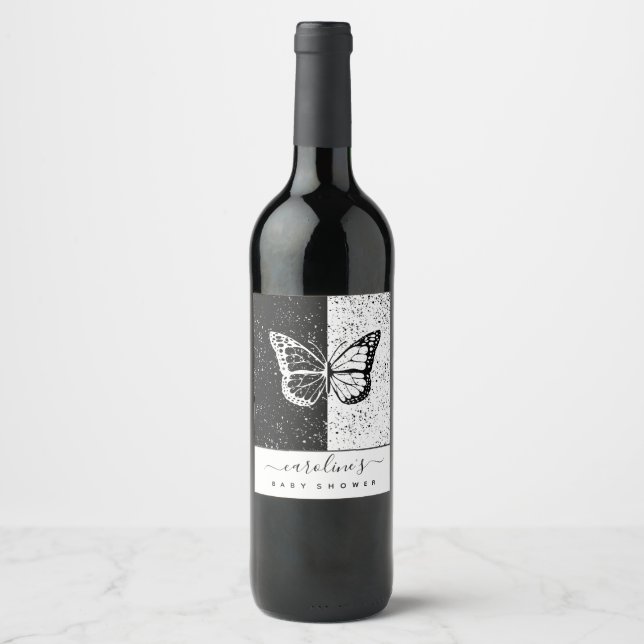 Elegant Black & White Butterfly Baby Shower-skåra Vinflaska Etikett (Framsida)