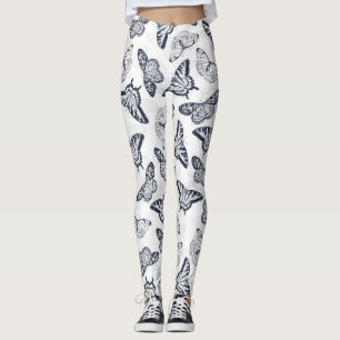 Elegant Black White Butterfly Design Leggings