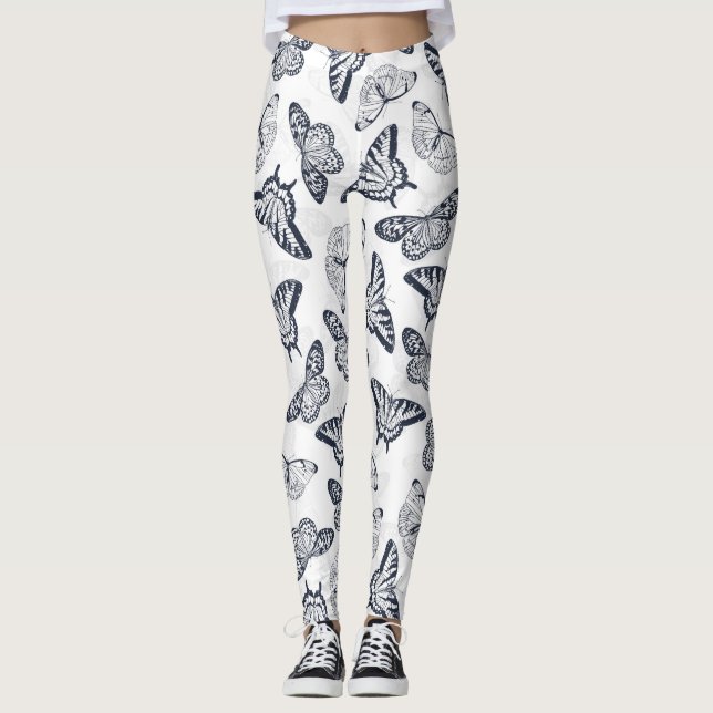 Elegant Black White Butterfly Design Leggings (Framsida)