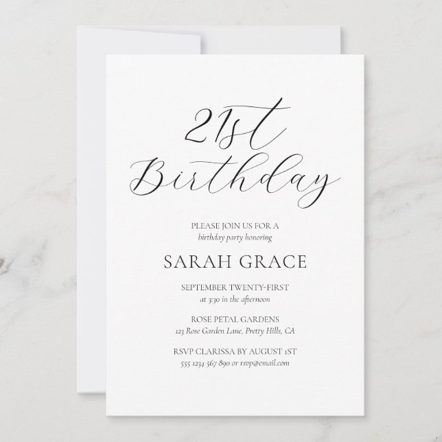 Elegant Black & White Calligraphy 21 Birthday Inbjudningar (Framsida)