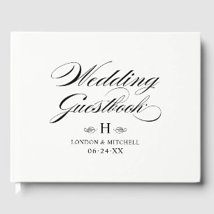 Elegant Black White Calligraphy Bröllop Monogram Gästböcker