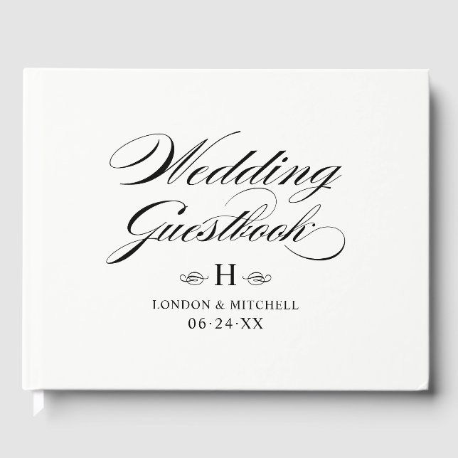 Elegant Black White Calligraphy Bröllop Monogram Gästböcker (Framsida)