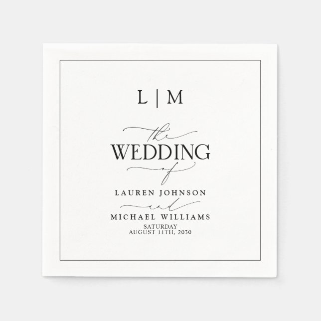 Elegant Black & White Calligraphy Monogram Bröllop Pappersservett (Framsidan)