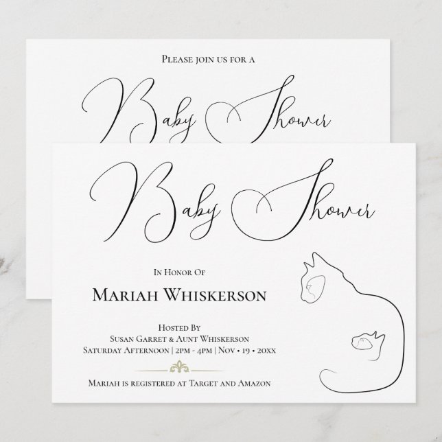 Elegant Black & White Cat Lover Baby Shower Inbjudningar (Fram/baksida)