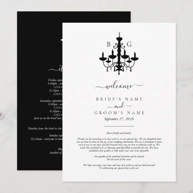 Elegant Black White Chandelier Bröllop Itinerary (Fram/baksida)
