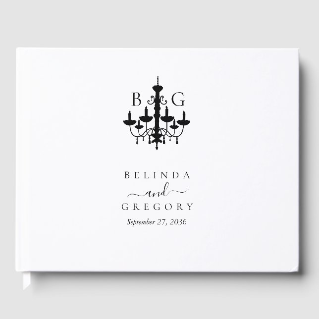 Elegant Black White Chandelier Monogram Bröllop Gästböcker (Framsida)