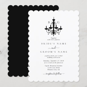 Elegant Black White Chandelier Monogram Bröllop Inbjudningar