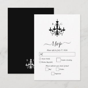 Elegant Black White Chandelier Monogram Bröllop OSA Kort