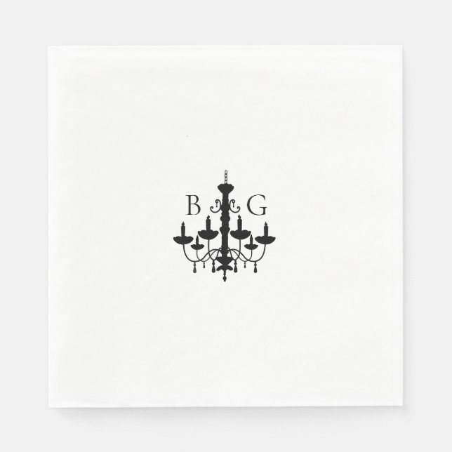 Elegant Black White Chandelier Monogram Bröllop Pappersservett (Framsidan)