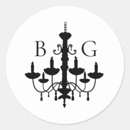 Elegant Black White Chandelier Monogram Bröllop Runt Klistermärke