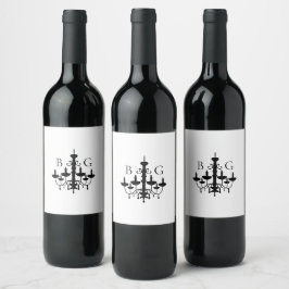 Elegant Black White Chandelier Monogram Bröllop Vinflaska Etikett