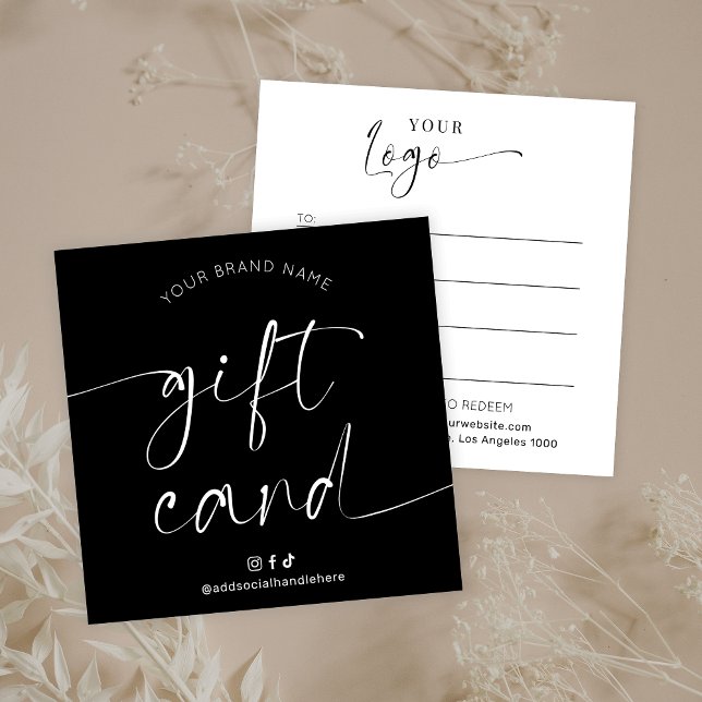 Elegant Black White Chic Logotyp Hair Salon Gift C Fyrkantigt Visitkort (Elegant black and white gift card design with elegant script fonts and your logo)