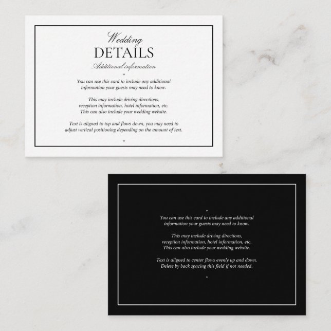 Elegant Black White Classic-skriptinformation Tilläggskort (Fram/baksida)