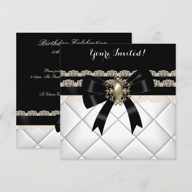 Elegant Black White Cream Pearl Snöre Birthday 2 Inbjudningar (Fram/baksida)