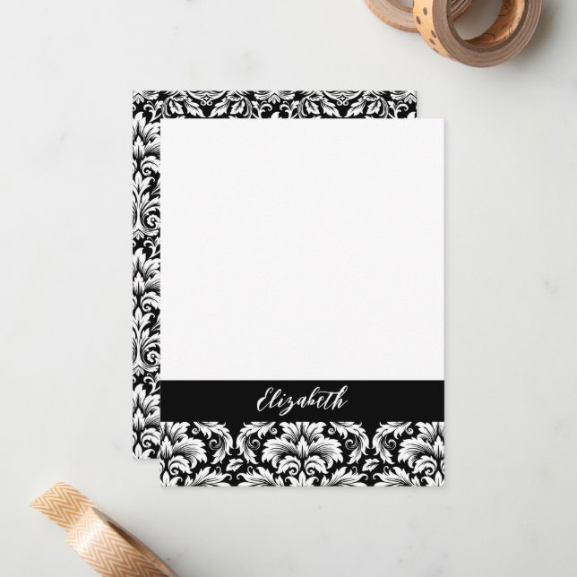Elegant Black White Damask Anteckningskort (Fram/Back In Situ)