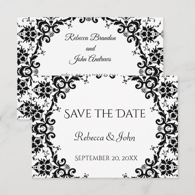 Elegant Black & White Damask Blommigt Bröllop Spara Datumet (Fram/baksida)