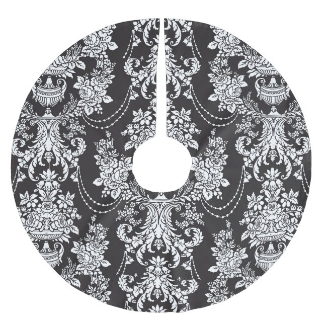 Elegant Black White Damask jul Julafton Julgransmatta Borstad Polyester (Framsidan)