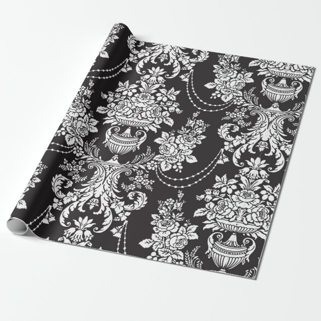 Elegant Black White Damask Presentpapper (Utrullad)