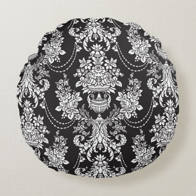 Elegant Black White Damask  Rund Kudde (Framsidan)