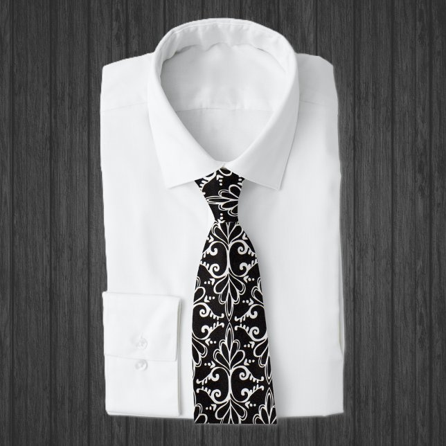 Elegant Black White Damask Slips (Classic black and white damask pattern with Gothic scrolls on men's necktie.)