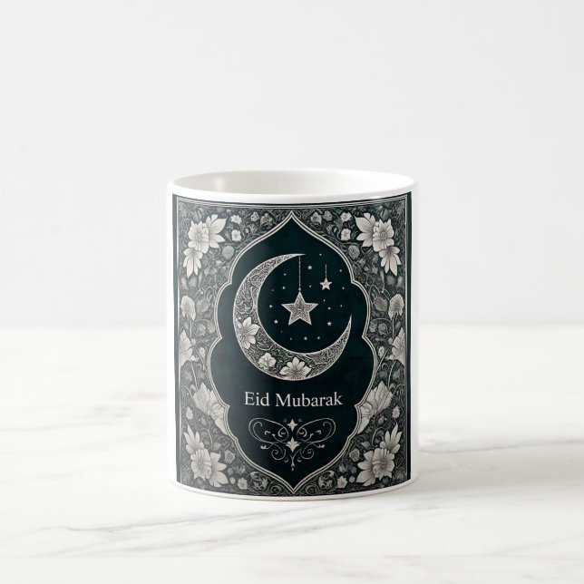 Elegant Black & White Eid Mubarak Blommigt Crescen Kaffemugg (Center)