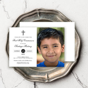 Elegant Black White First Communion Photo Boy Inbjudningar