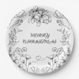 Elegant Black White Floral Christmas Plate