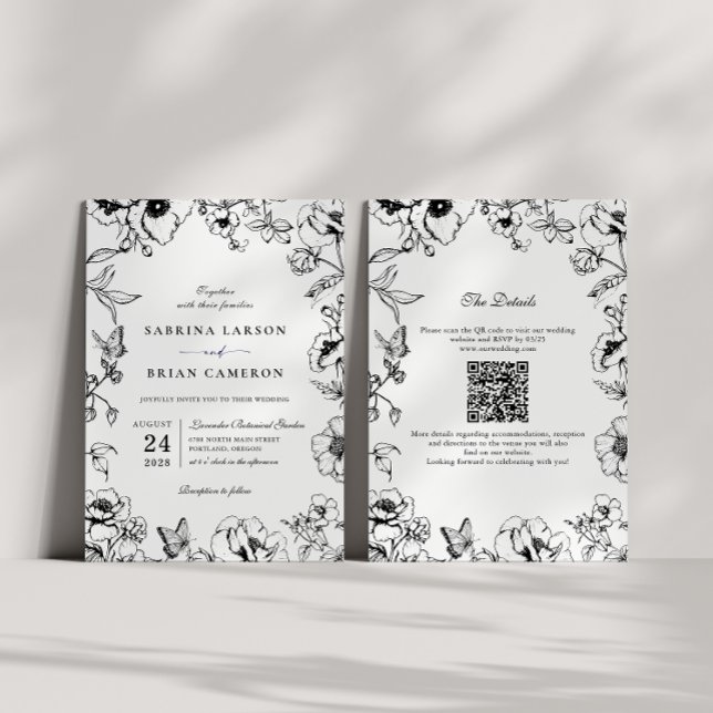 Elegant Black White Floral Garden QR Code Wedding Inbjudningar (Skapare uppladdad)