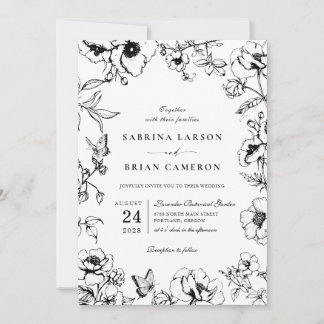 Elegant Black | White Floral Garden Wedding Photo Inbjudningar