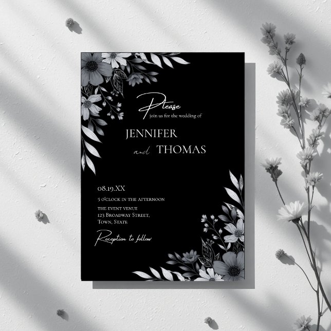 Elegant Black & White Floral Hand-Drawn Wedding Inbjudningar (Skapare uppladdad)