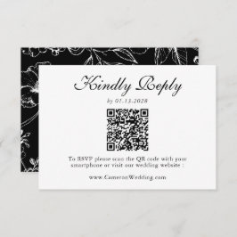 Elegant Black White Floral QR Code Wedding RSVP  OSA Kort