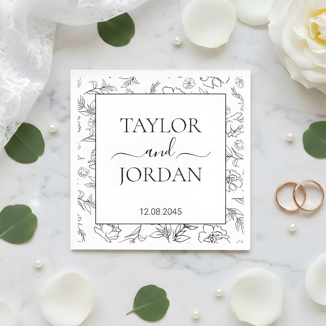 Elegant Black & White Floral Wedding Custom Napkin Pappersservett (Skapare uppladdad)