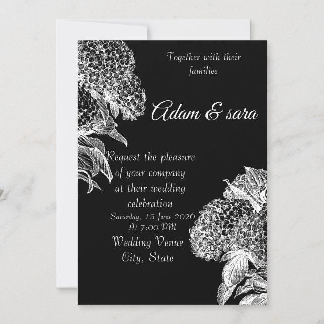 Elegant Black & White Floral Wedding Invitation Inbjudningar (Framsida)