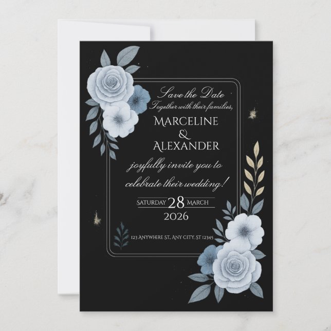 Elegant Black & White Floral Wedding Invitation Inbjudningar (Framsida)