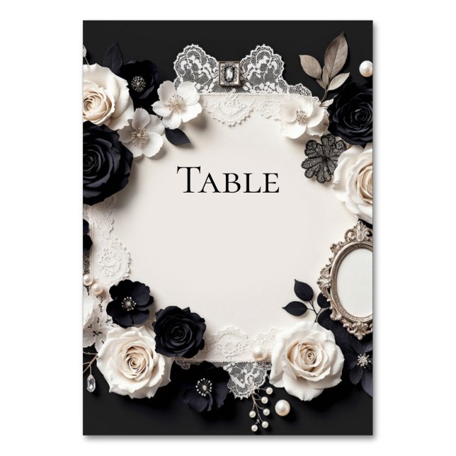 Elegant Black White Floral Wedding Table Card Bordsnummer (Framsidan)