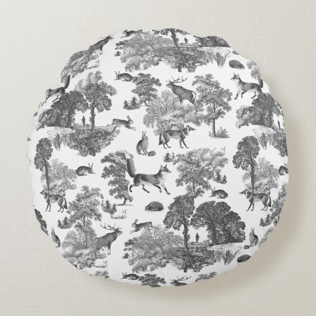 Elegant Black White Fox Rabbit Woodland Toile Rund Kudde (Framsidan)