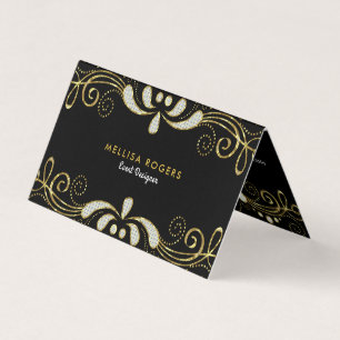 Elegant Black & White Glitter Blommigt Swirls Snör Visitkort