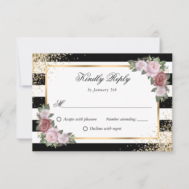 Elegant Black White Gold Blush Floral Wedding OSA Kort (Framsida)