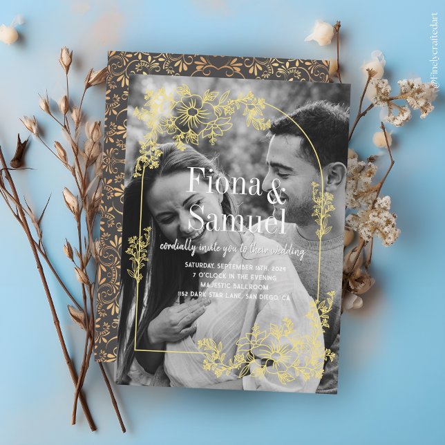 Elegant Black & White Golden Anpassningsbar Photo  Inbjudningar (Skapare uppladdad)