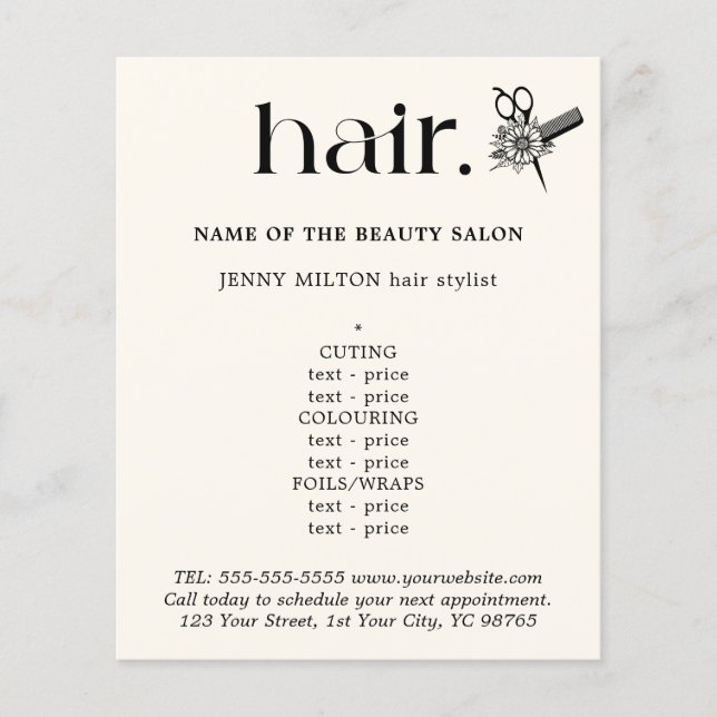 Elegant Black White Golden Scissors Hair Menu Flygblad (Framsidan)