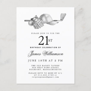 Elegant Black White Golf 21:a födelsedag Party Inbjudan Vykort