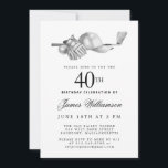 Elegant Black White Golf 40:e födelsedagen Party Inbjudningar<br><div class="desc">Elegantens svartvitt födelsedag för en golfer. Inbjudan är skriven med golftillbehör - en golfklubb, golf boll, hatt och handskar. Vattenfärgsdesignen skapar en traditionell och klassisk estetik. Perfekt för en födelsedagskalas vid klubben eller en bakgård BBQ. All text är lätt att redigera. Skapa inbjudan till perfekt på födelsedagen, med det koordinerande...</div>