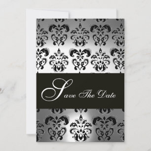 ELEGANT BLACK WHITE GRÅTT DAMASK MONOGRAM Bröllop Spara Datumet