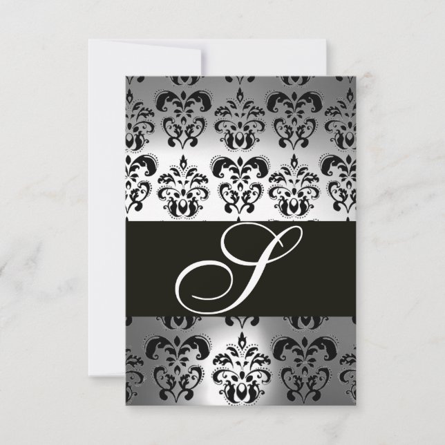 ELEGANT BLACK WHITE GRÅTT DAMASK MONOGRAM OSA KORT (Framsida)