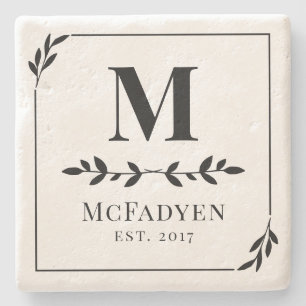 Elegant Black & White Greenery Monogram Stenunderlägg