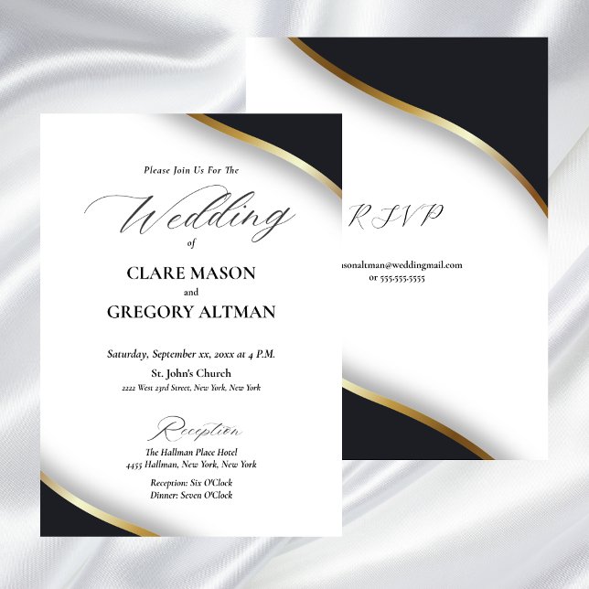 Elegant Black White Guld Bröllop med OSA Inbjudningar (Elegant Black White Gold Wedding Invitation)