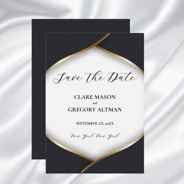 Elegant Black White Guld Bröllop Spara Datumet (Elegant Black White Gold Wedding Save The Date Card)